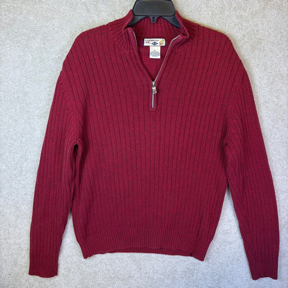 Caribbean Joe Quarter Zip Sweater Mens XL Red Ribbed Knit Cotton Pullover Cabin